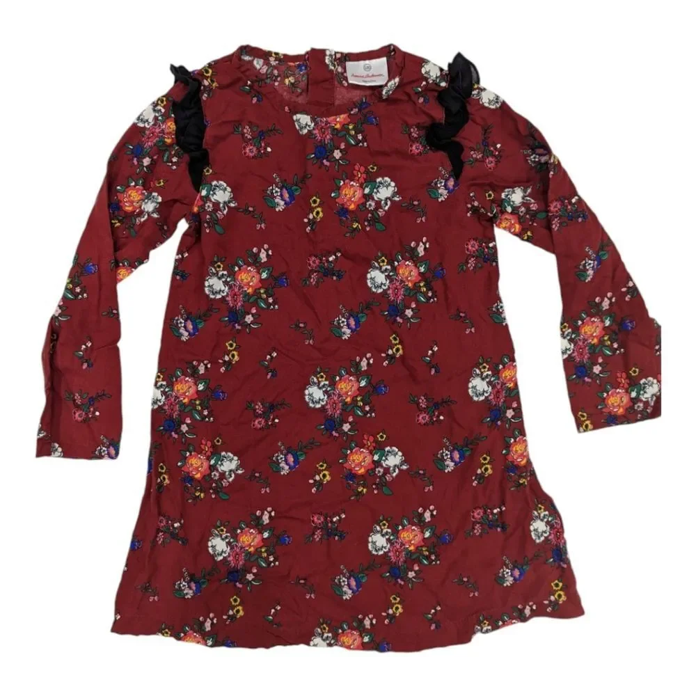 Hanna dark red maroon bordeaux floral shift dress long sleeve girls size 120 6 7 - Picture 8 of 8
